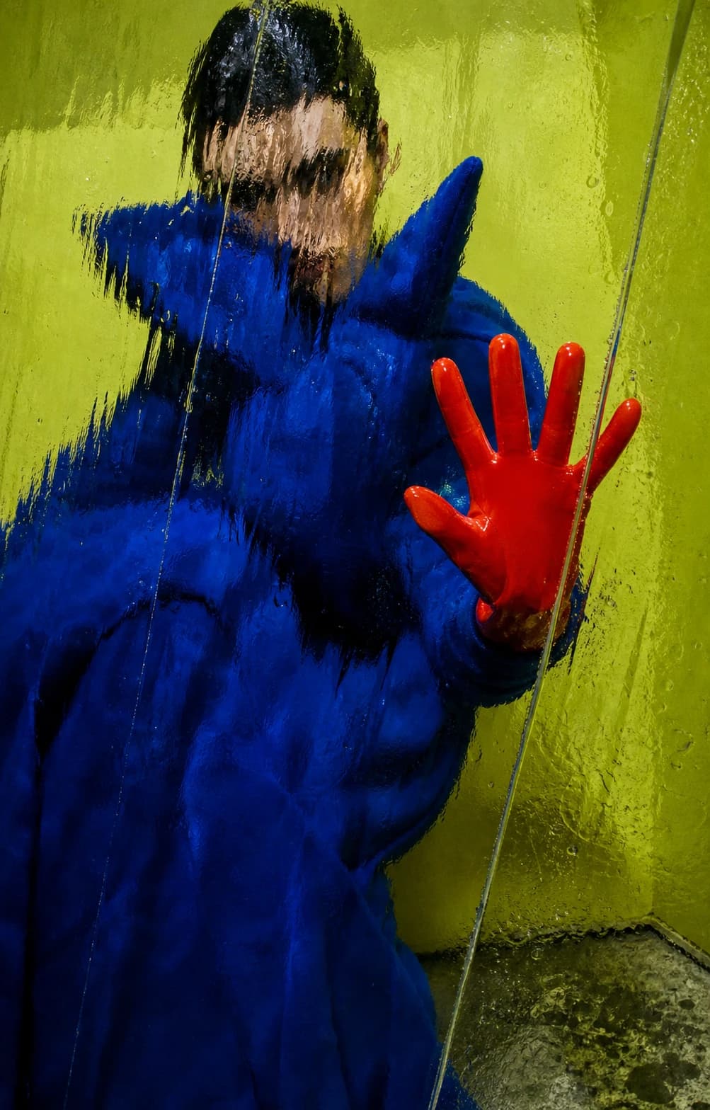 A cobalt-clad figure distorted through rippled glass