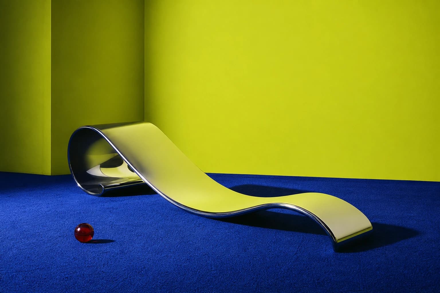 A folded chrome chaise on blue carpet in a chartreuse room